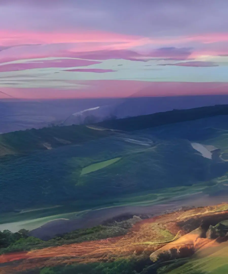 Colorful sunset over rolling green hills
