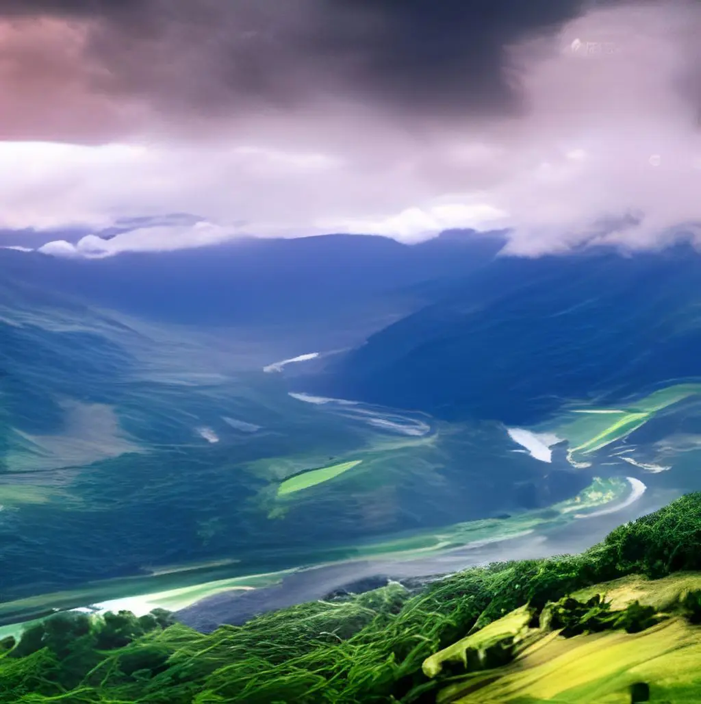 Winding river through lush green mountain valley