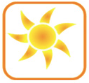 Stylized yellow sun inside rounded orange square