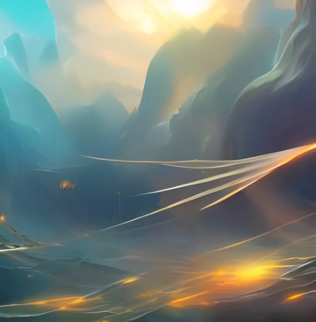 Ethereal glowing sunrise over misty mountains