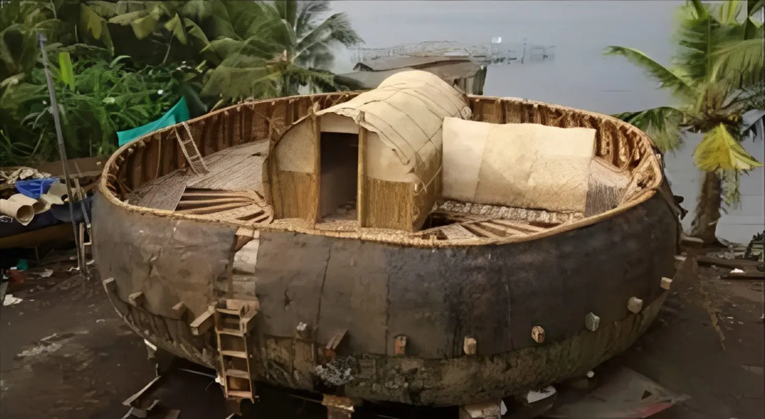 Round wooden houseboat by tropical shore