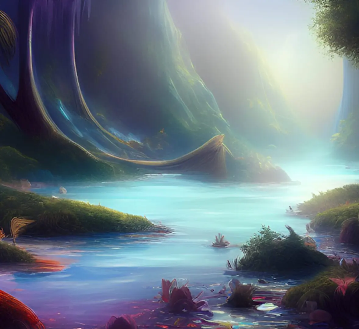 Mysterious enchanted forest with glowing river