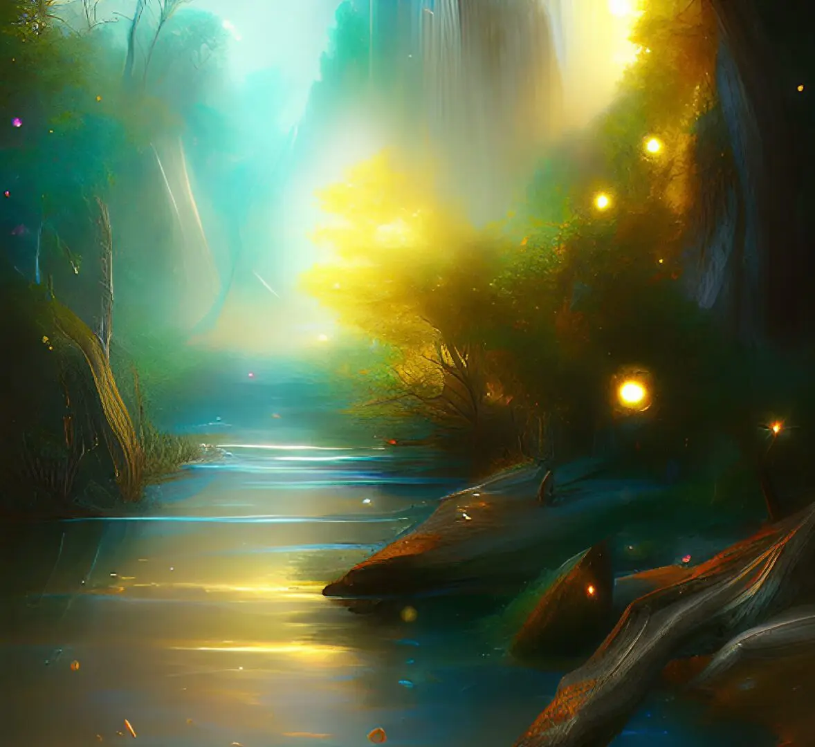 Mystical woodland scene with water reflections