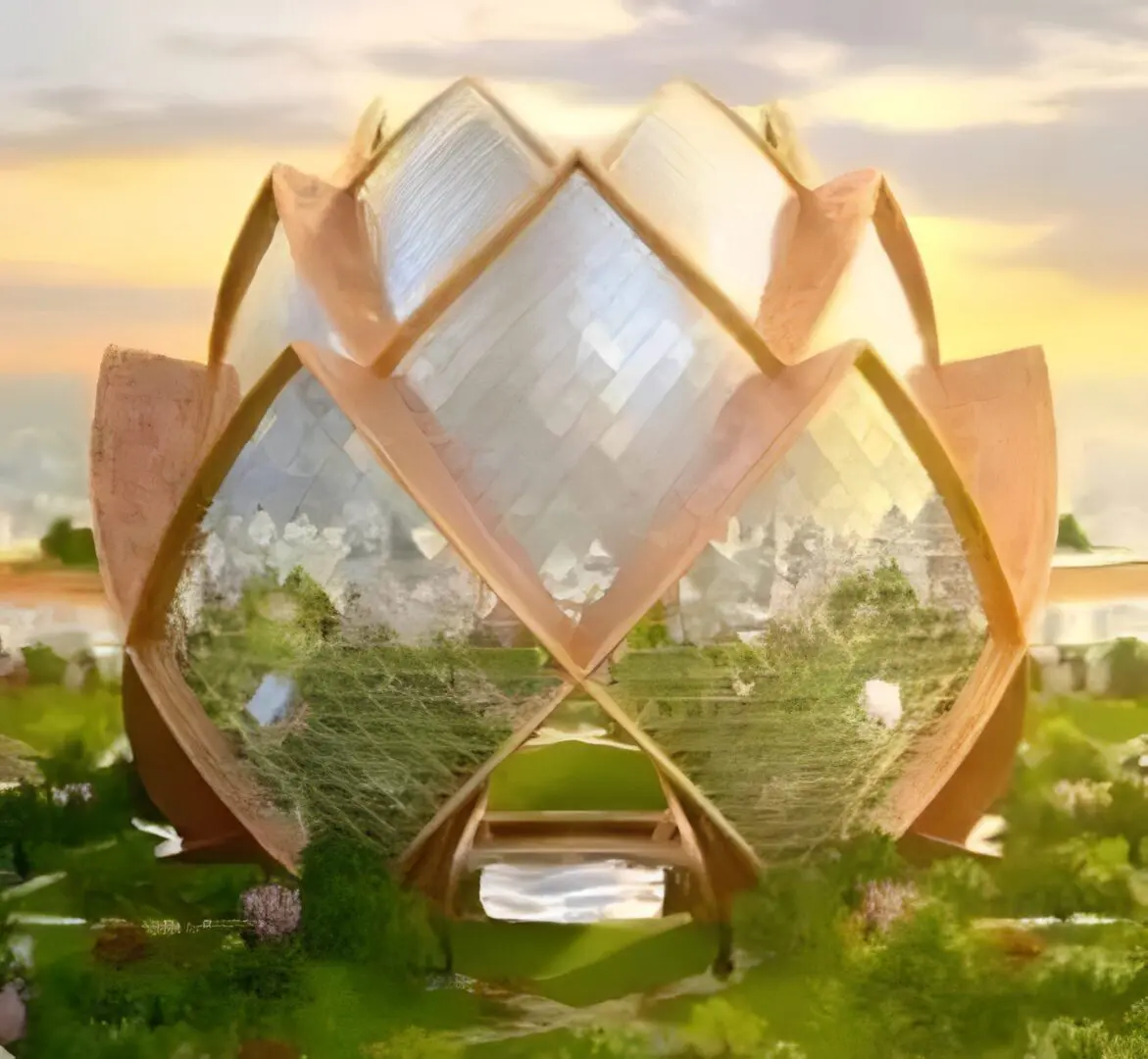 Lotus-shaped glass building with gardens at sunset