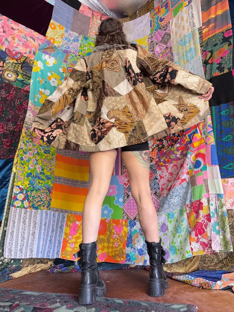 Back view of person in patchwork coat