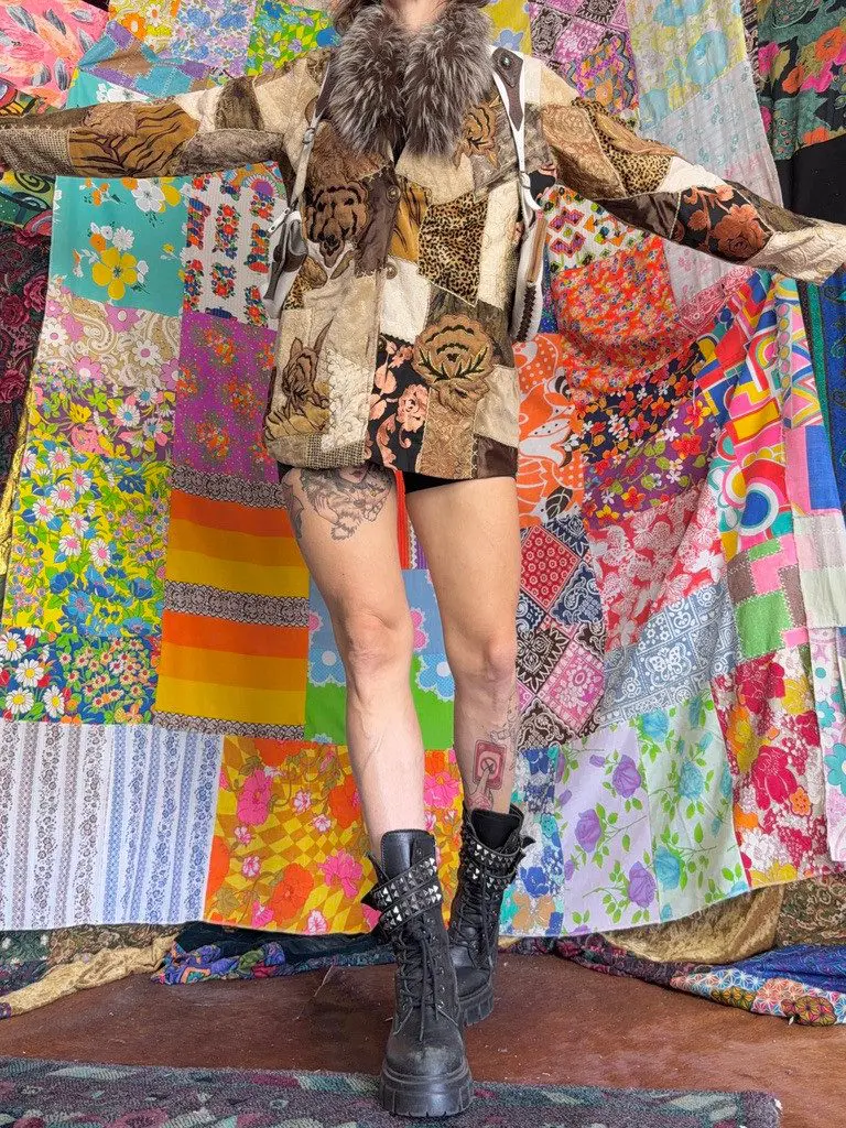 Patchwork coat, leg tattoos, black combat boots