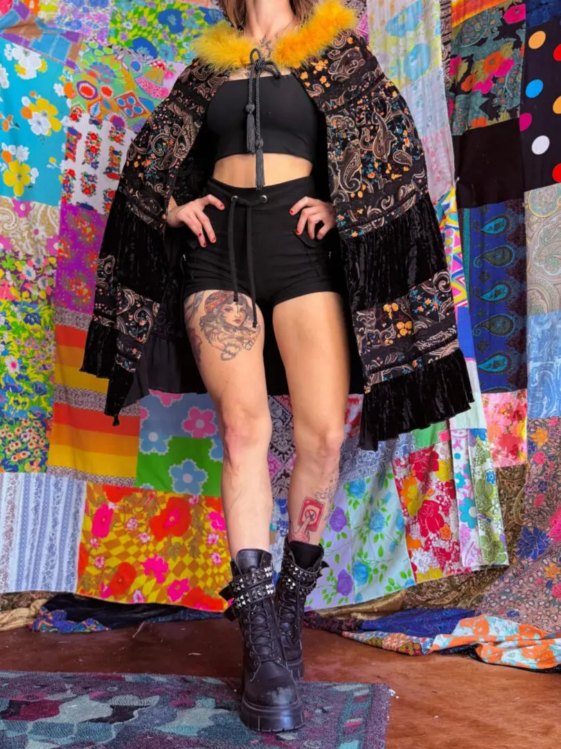 OOAK Corduroy & Velvet Marabou Floof Cape - OS