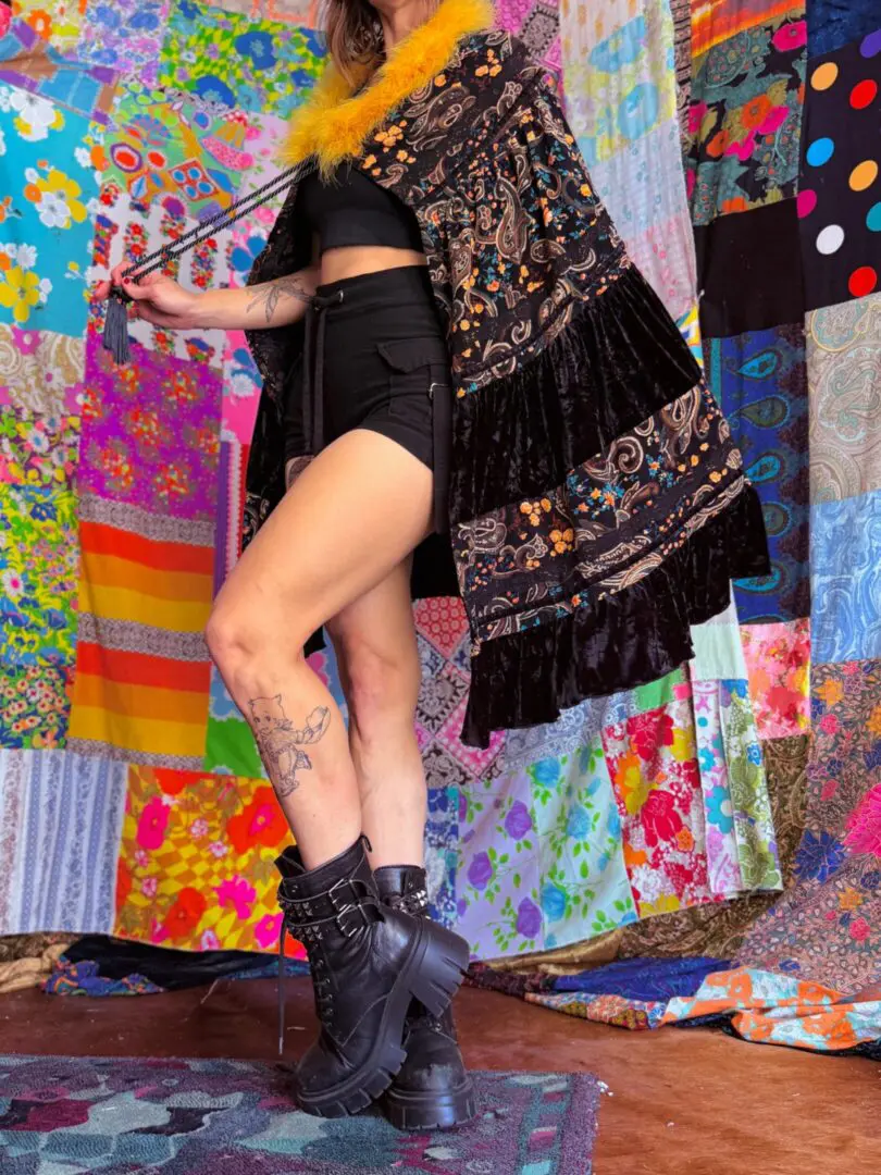 OOAK Corduroy & Velvet Marabou Floof Cape - OS