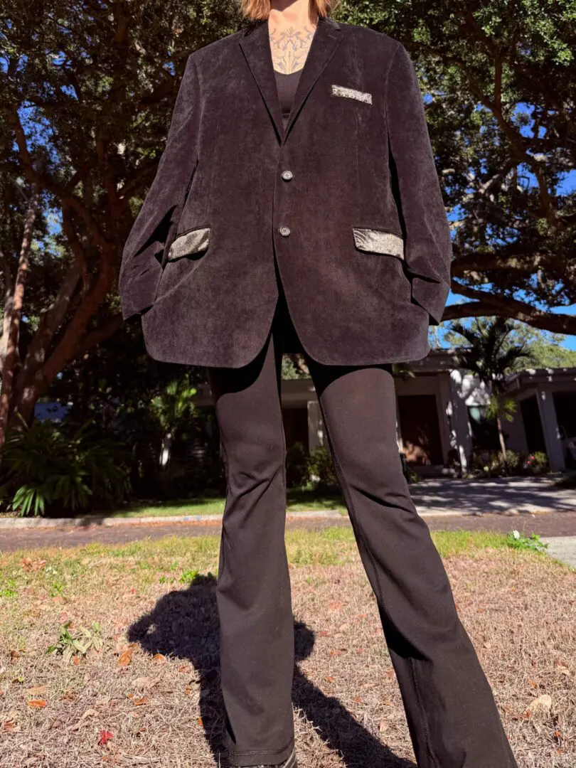 Oversized black blazer with flared pants