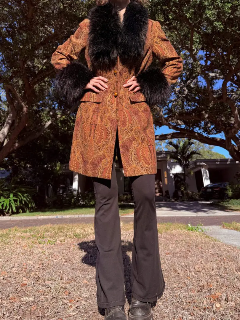 Paisley coat with black fur collar and cuffs