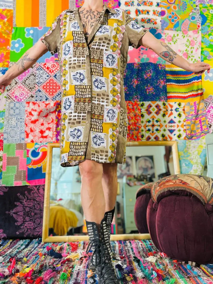 90s Button Front Mixed Pattern Dress - L