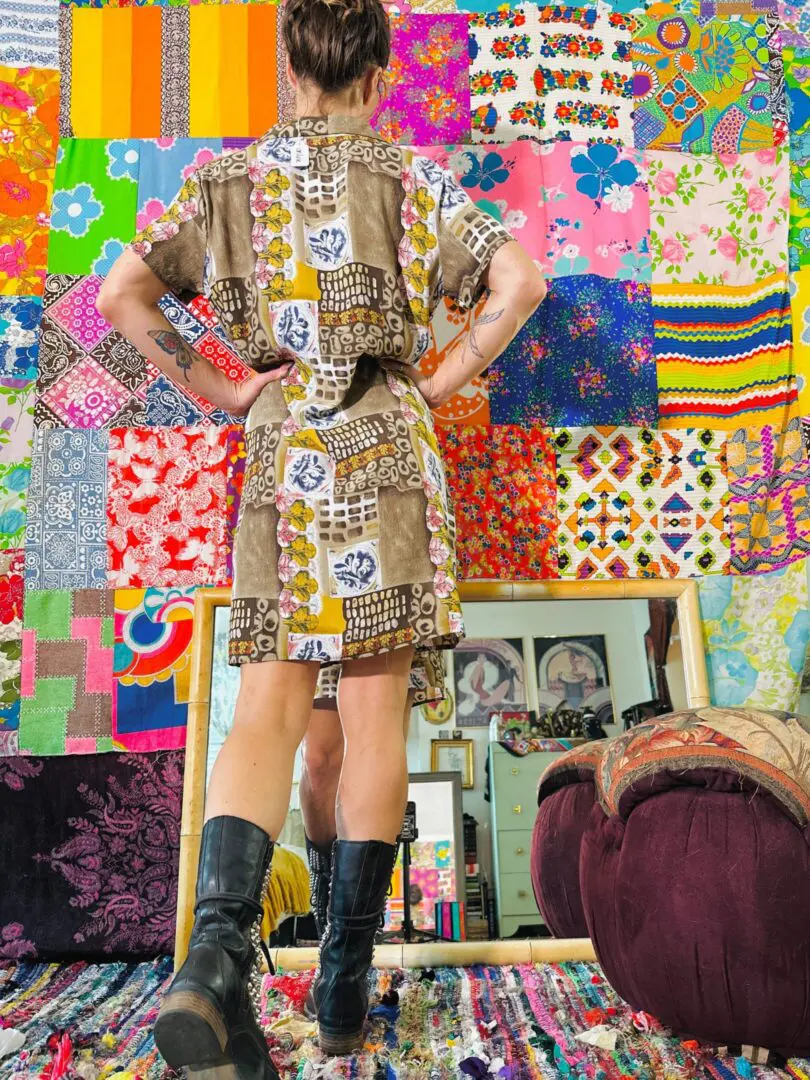 90s Button Front Mixed Pattern Dress - L