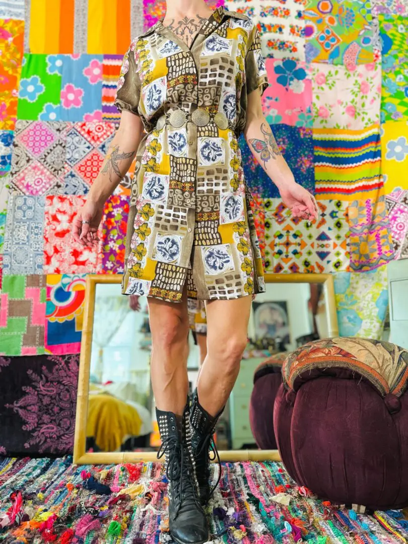 90s Button Front Mixed Pattern Dress - L