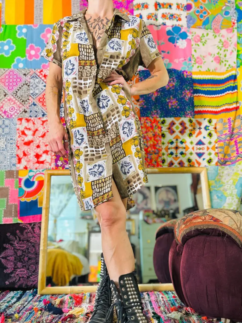 90s Button Front Mixed Pattern Dress - L