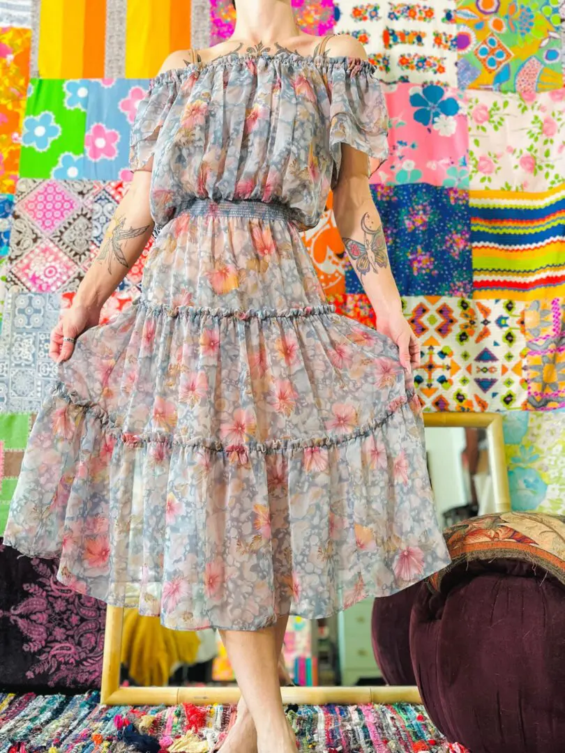 70s Sheer Floral Prairie Dress - XS/S/M