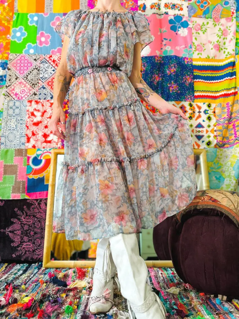 70s Sheer Floral Prairie Dress - XS/S/M