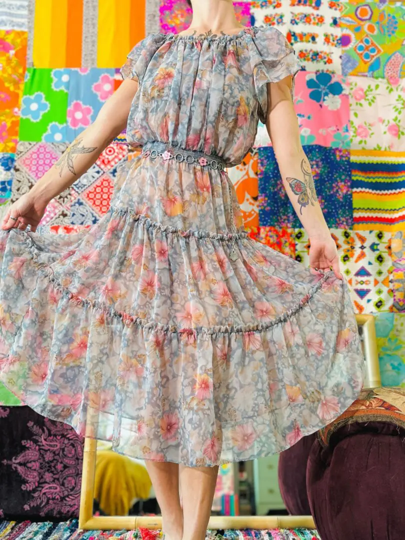 70s Sheer Floral Prairie Dress - XS/S/M