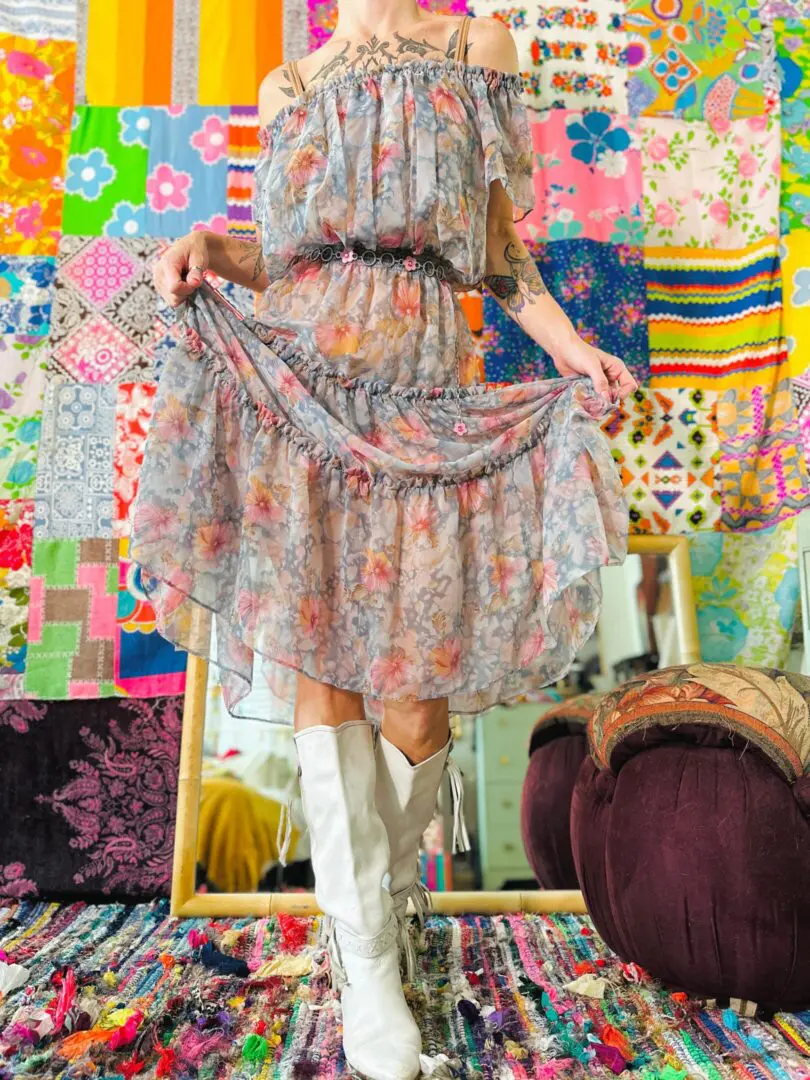 70s Sheer Floral Prairie Dress - XS/S/M