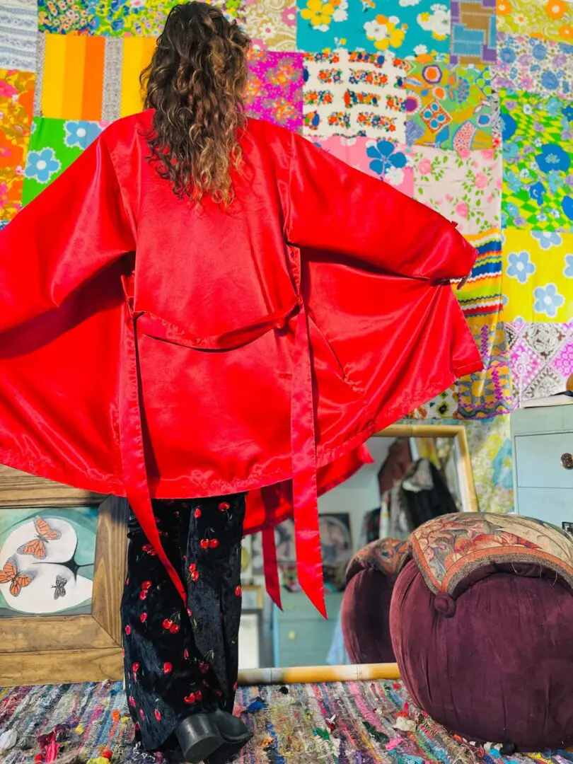90s Silky Robe w/Lace - S/M/L