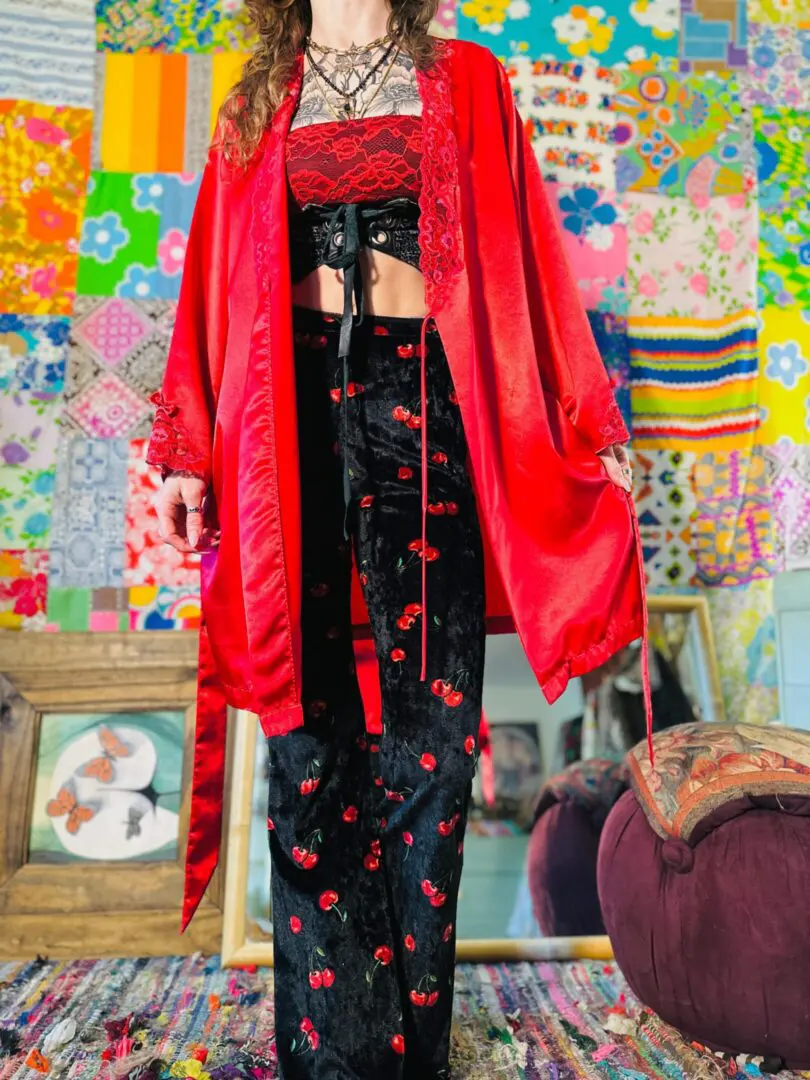 90s Silky Robe w/Lace - S/M/L
