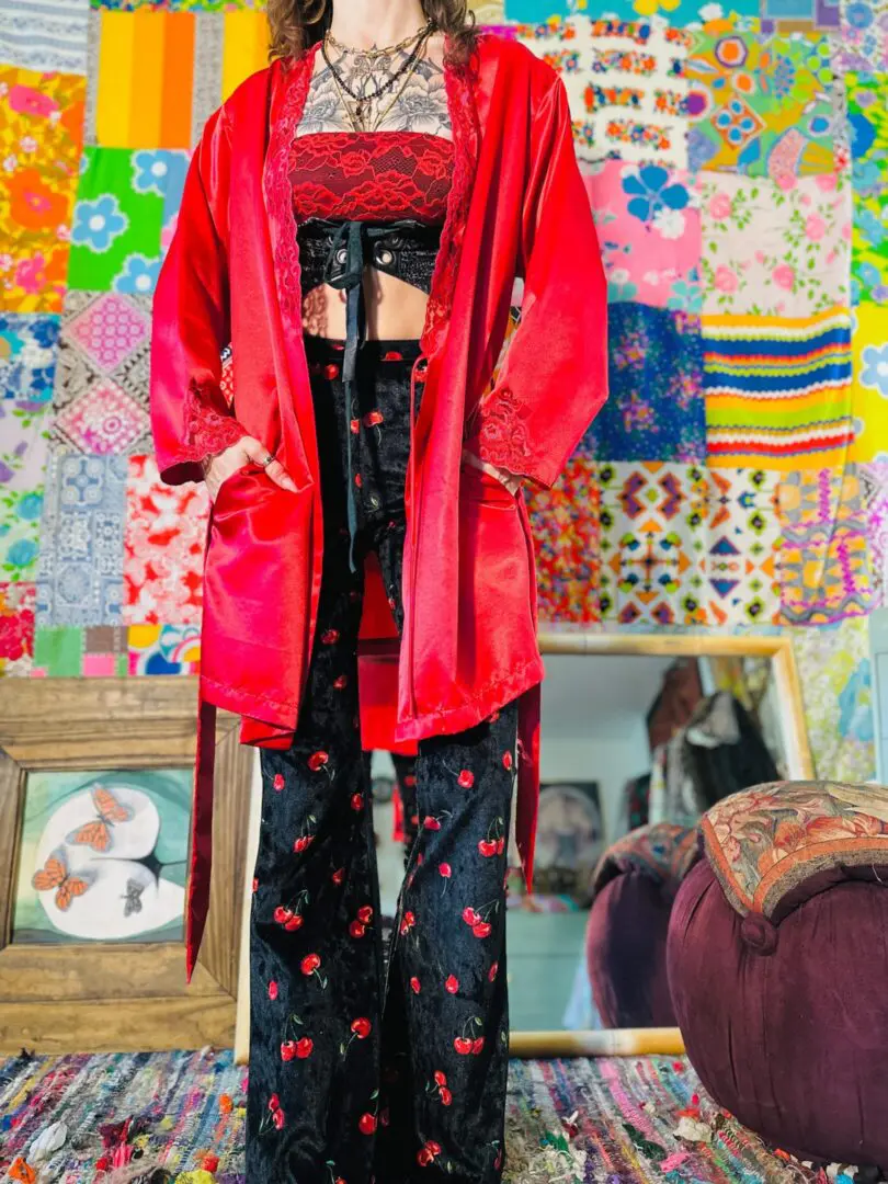 90s Silky Robe w/Lace - S/M/L