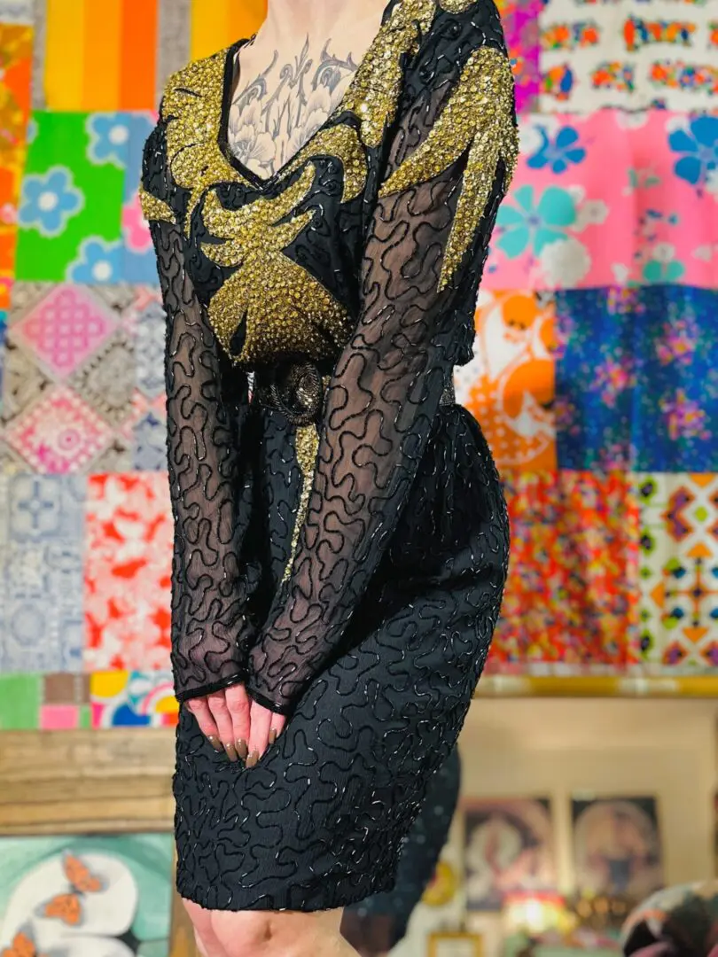 90s Long Sleeve Beaded Dress - L