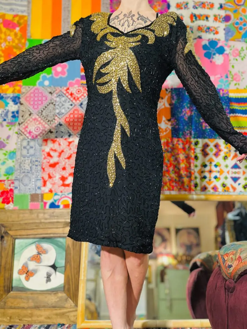90s Long Sleeve Beaded Dress - L