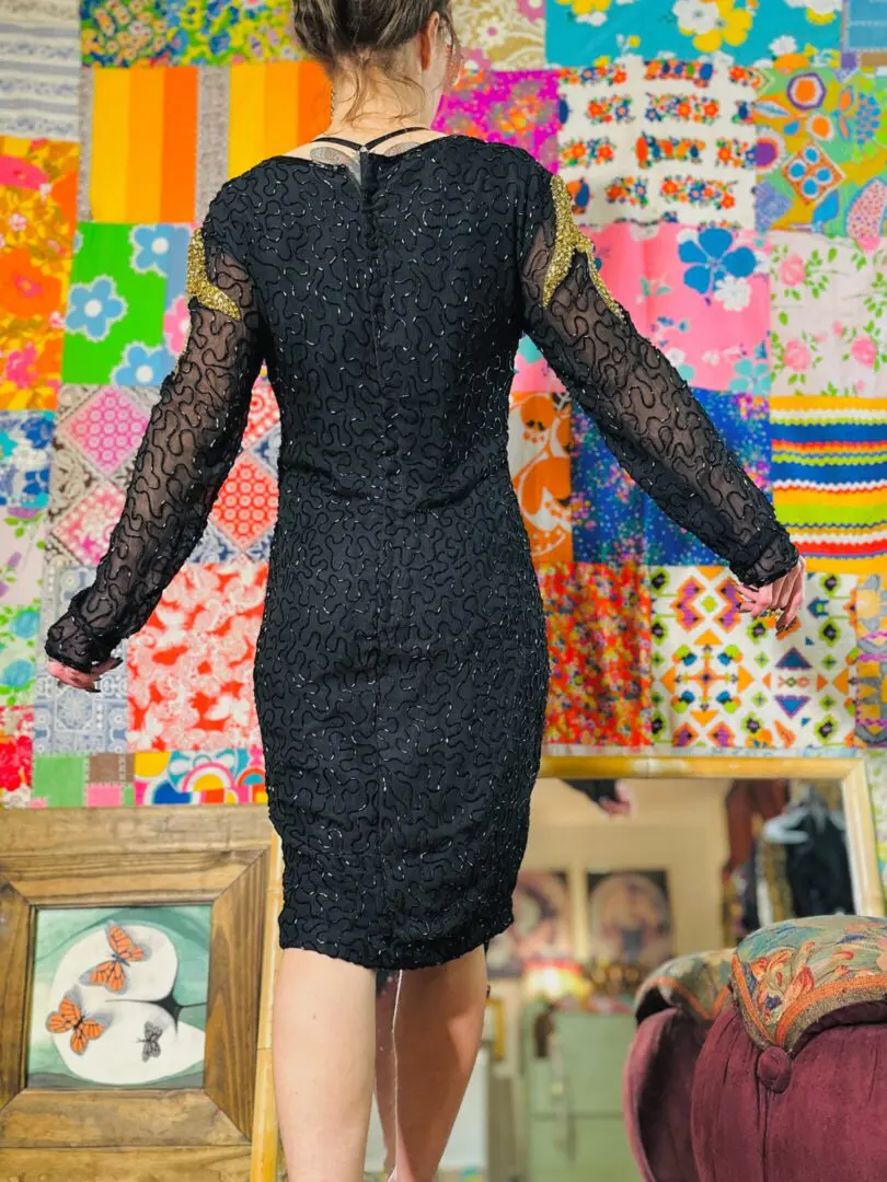 90s Long Sleeve Beaded Dress - L