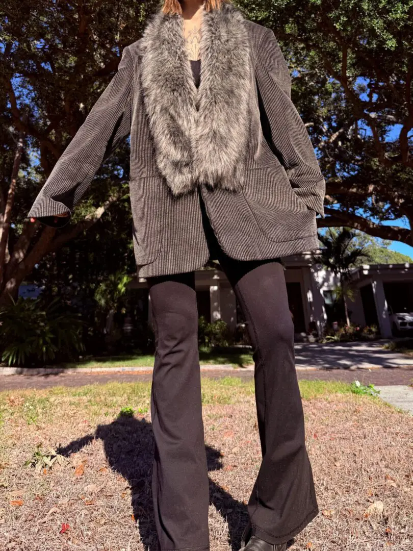 Corduroy jacket with faux-fur collar and flared pants