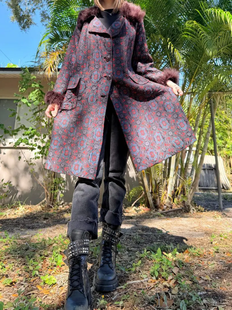 Patterned fur-trim coat with chunky boots