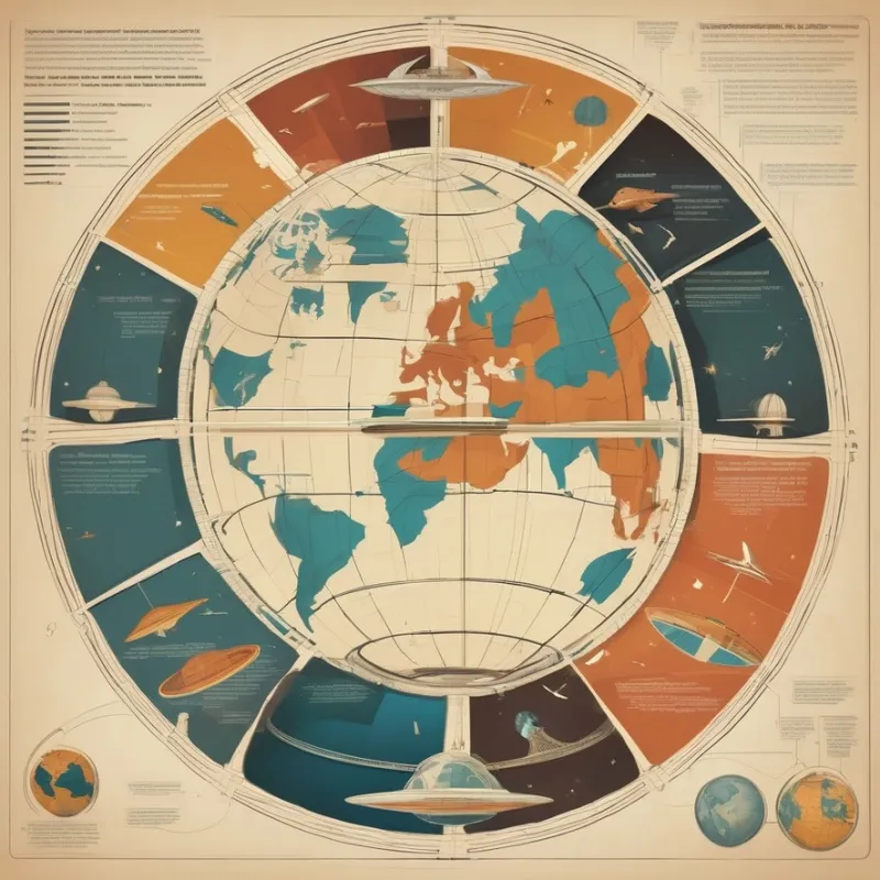 Retro-futuristic globe infographic with spacecraft