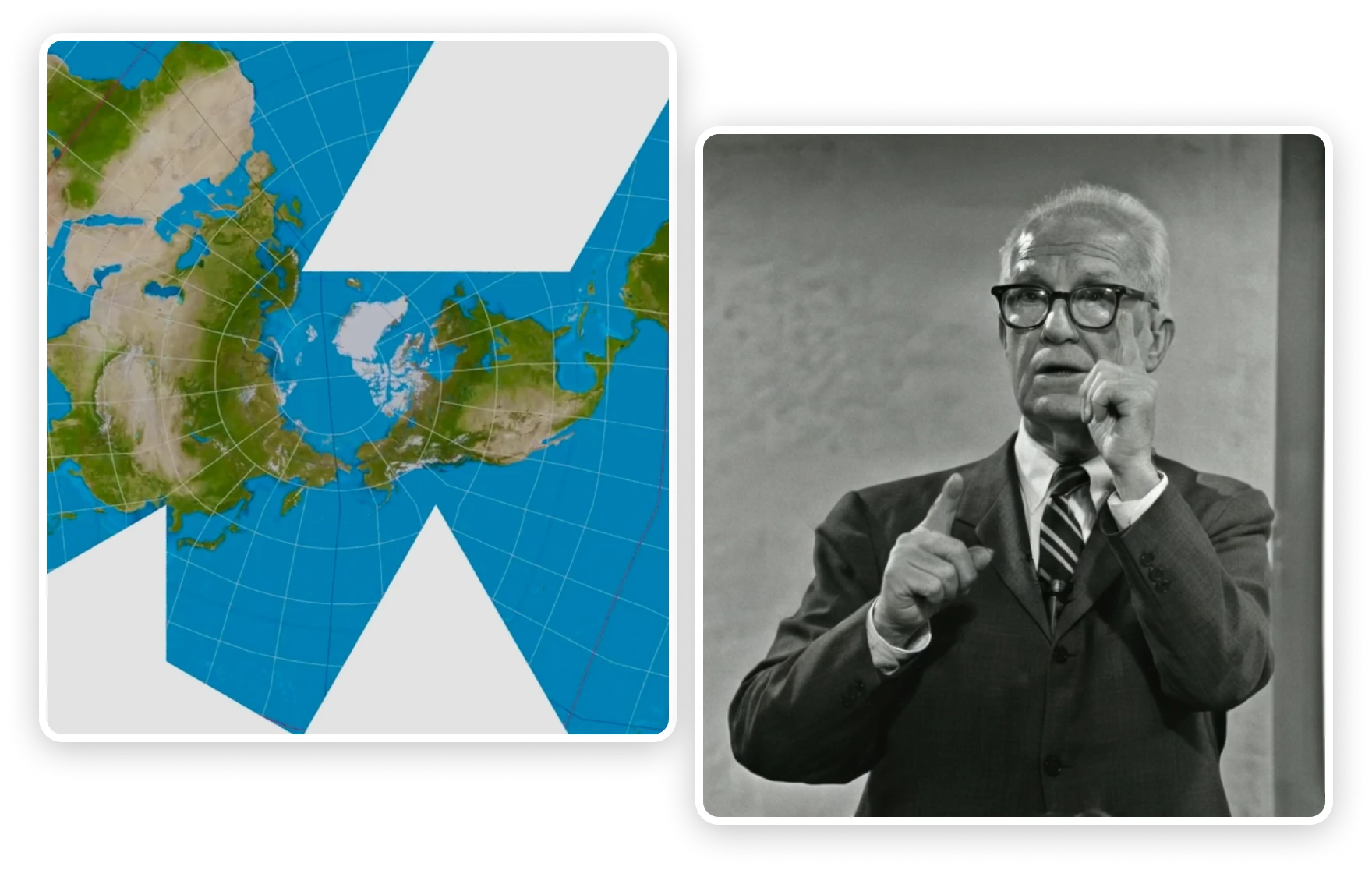 World map next to thoughtful man