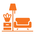 Sofa, lamp, and plant graphic in orange.
