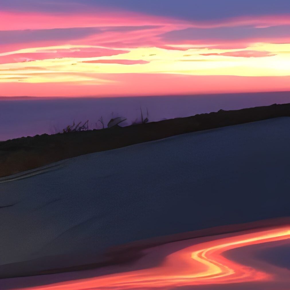 Pink and orange sunset over winding coastal road