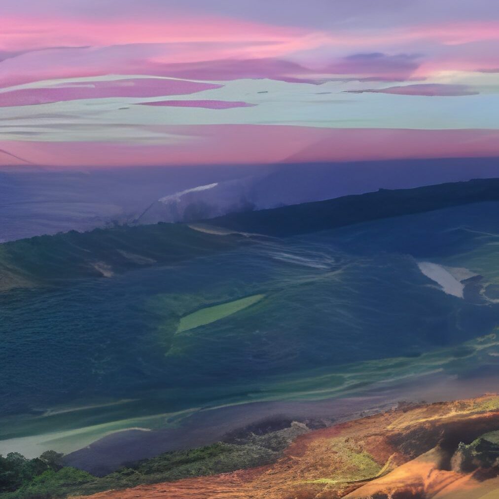 Colorful sunset over rolling green hills